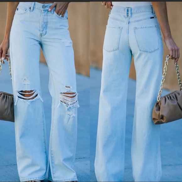 HIGH WAIST 90’s Style Light Wash Wide Leg Distressed Ripped Flare Denim Jeans - Picture 1 of 12